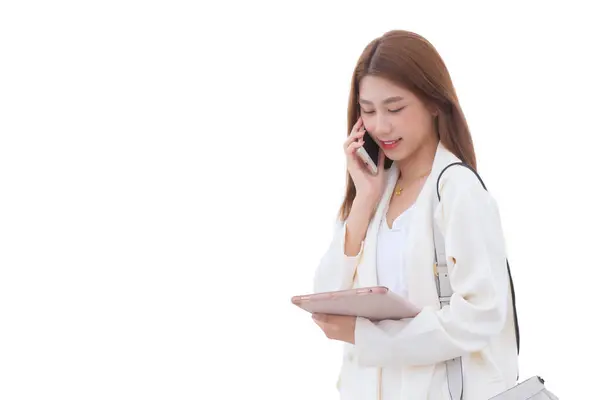 Young Asian Business Woman White Suit Smiles Holds Talk Smartphone Stock Image