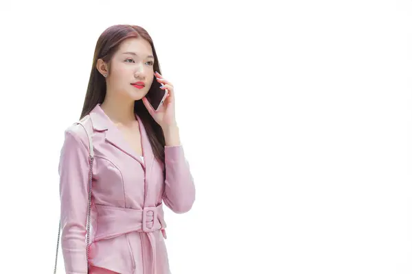 Young Asian Business Professional Woman Pink Dress Calling Phone Seriously Royalty Free Stock Photos