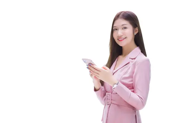 Young Asian Professional Working Woman Pink Dress Suit Holds Smartphone Stock Image
