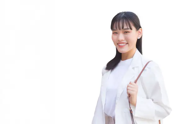 Confident Young Business Asian Working Woman Who Wears White Shirt Stock Photo