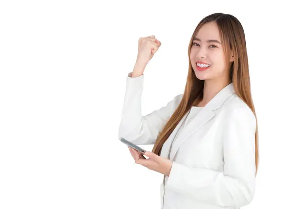 Portrait Asian Professional Business Female Wears White Suite Holding Smartphone Stock Photo