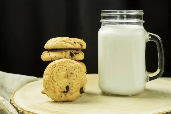 Cookies Milk Close Space Text Side View Homemade Cookies Glass — Stock Photo, Image
