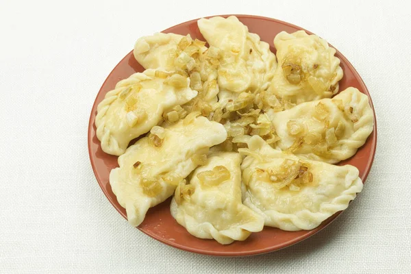 Läckra Hemmagjorda Dumplings Tallrik Närbild Läckra Hemmagjorda Dumplings Med Stekt — Stockfoto