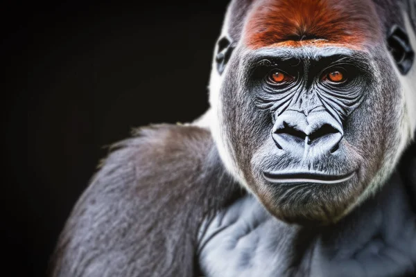 stock image Gorilla portrait, close-up, copy space. Close-up of an adult gorilla, on a dark background