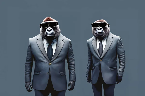 穿着西装戴太阳镜的大猩猩说明 两只大猩猩 大猩猩的肖像 — 图库照片