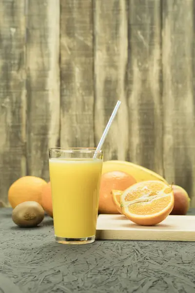 Fresh Orange Juice Glass Straw Rural Background Citrus Juice — Stock Photo, Image