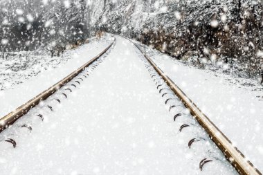 Kışın demiryolu. Ormanda kış demiryolu. Karda demiryolu. Boş tren rayları olan kış manzarası. Kar yağıyor. Yol manzarası