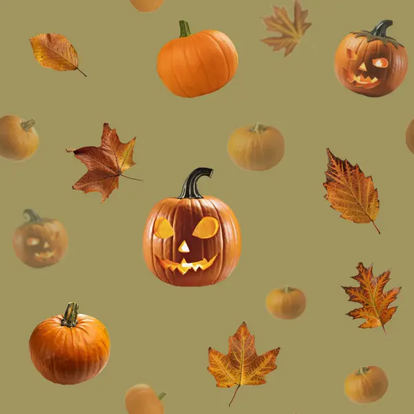Nahtloses Muster Mit Kürbis Und Gelben Blättern Halloween Festliches Nahtloses — Stockfoto