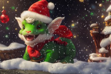Noel Baba şapkalı şirin, yeşil bir ejderha. Noel arkaplanı. Yeni yılın sembolü olarak. Uzayı kopyala Fantezi Yeni Yıl 2024. Çizgi film ejderhası