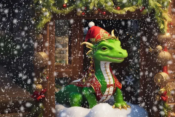 A cute, green dragon in a Santa hat. Christmas background. Symbol of the new year. Copy space. fantasy New Year 2024. Cartoon dragon