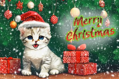 Noel Baba şapkalı şirin bir kedi yavrusu çelenkli bir Noel ağacının arka planında. Noel arkaplanı. Uzayı kopyala Yapay zeka tarafından üretilmiş.
