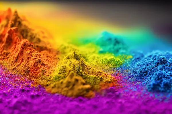 Colorful rainbow with powder paint. Color powder explosion. Bright view. Pastel colors of splashes of dust particles. Colorful powder explosion on white background. Bokeh, blur