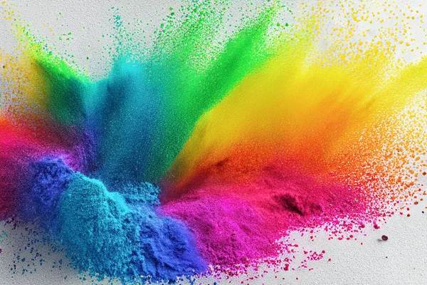 Colorful rainbow with powder paint. Color powder explosion. Bright view. Pastel colors of splashes of dust particles. Colorful powder explosion on white background. Bokeh, blur