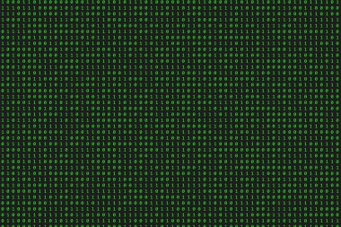İkili kod, yeşil sayılar, siyah ekran. Arka planda Matrix var. İkili programlama kodu. Yeşil sayılar, sıfır ve bir..