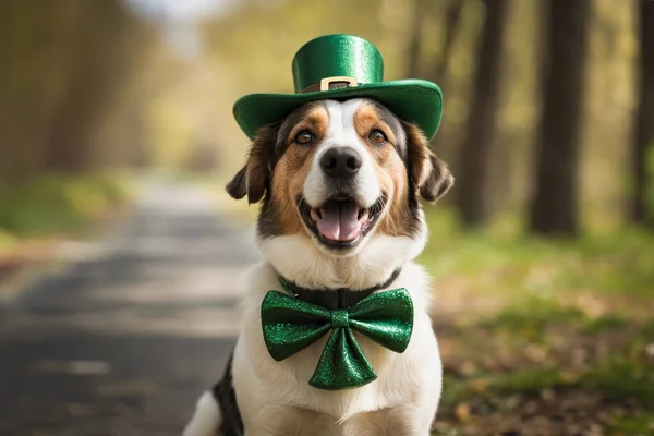 stock image Happy dog celebrating St. Patrick's Day, close-up. A young dog in a leprechaun hat. St. Patrick's Day theme concept. Copy space.