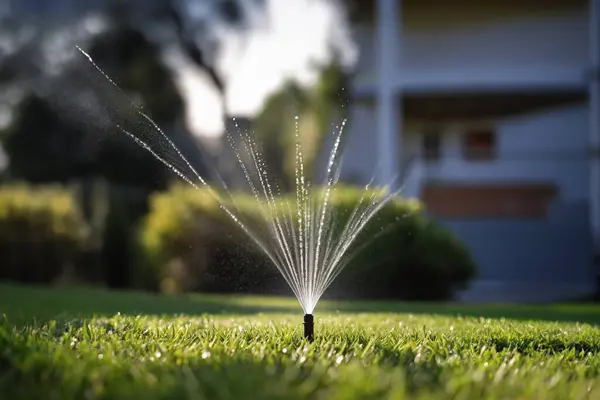 Automatic watering on a green lawn. Close-up. Irrigation system in the home garden. Automatic watering of a green lawn. Selective focus.