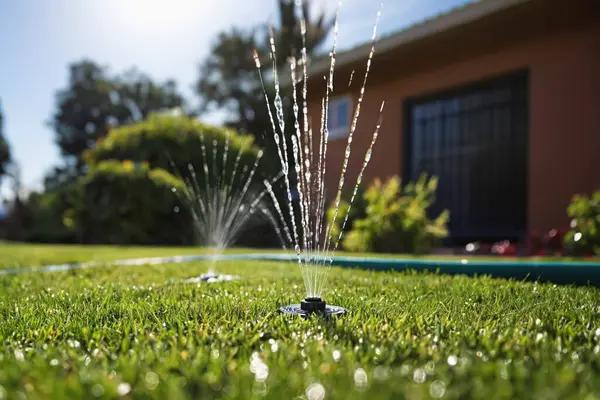 Automatic Watering Green Lawn Close Irrigation System Home Garden Automatic Stock Photo