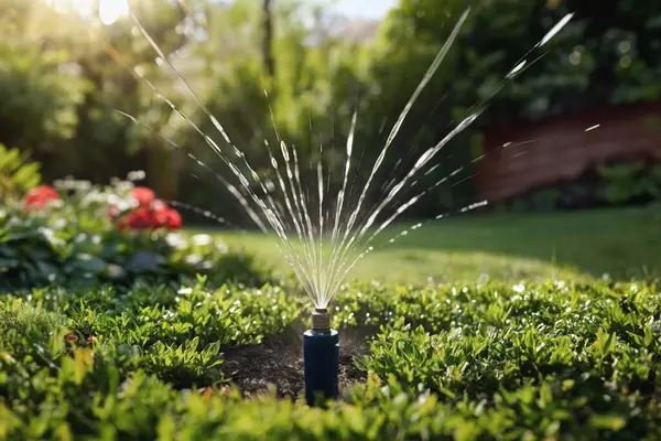 Automatic watering on a green lawn. Close-up. Irrigation system in the home garden. Automatic watering of a green lawn. Selective focus.