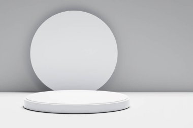 3D görüntüleme, soyut arkaplan, podyum. Yuvarlak çizgiler. Birbirinin üstünde duran iki yuvarlak ahşap figür. YZ oluşturuldu,