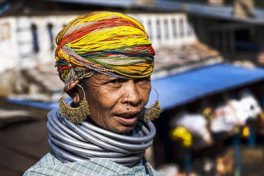 Bastar, Chhattisgarh, India / November 25, 2021: Portrait of a Bonda tribal woman at Haat (weekly) market.