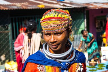 Bastar, Chhattisgarh, India / November 25, 2021: Portrait of a Bonda tribal woman at Haat (weekly) market.