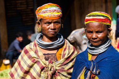 Bastar, Chhattisgarh, India / November 25, 2021: Bonda tribal women at Haat (weekly) market. 