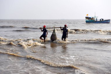 Mumbai, Hindistan / 10 Eylül 2017: Güney Asyalı Hintli balıkçılar Uttan Sahili 'nde satılmak üzere denize demirlemiş teknelerinden bir sürü balık taşıyorlar. 