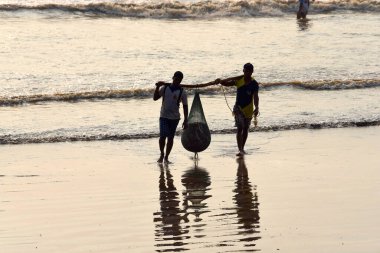 Mumbai, Hindistan / 10 Eylül 2017: Güney Asyalı Hintli balıkçılar Uttan Sahili 'nde satılmak üzere denize demirlemiş teknelerinden bir sürü balık taşıyorlar. 