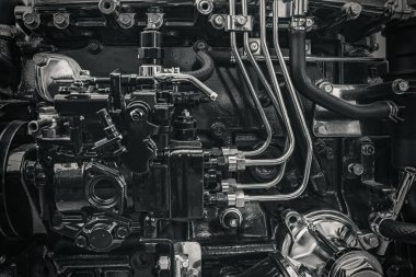 Endüstriyel arka plan - antika renkte dizel araba motorunun yan görünümü