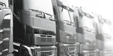 Ağır Taşımacılık Endüstrisi yatay afişi - markasız modern kamyonlar reklam için fotokopi alanı ile sıraya dizildi