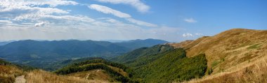 Tarnica Dağı 'nın tepesinde, deniz seviyesinden 1346 metre yukarıda, Bieszczady Ulusal Parkı' ndaki yürüyüş yolunda..