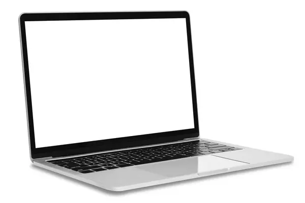 Beyaz ekranlı ve beyaz arka planda izole edilmiş modern metalik bir dizüstü bilgisayarın ön görüntüsü.