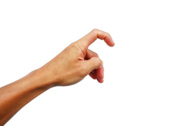 Bir adamın eli uzanıyor, tutmak, tutmak, dokunmak, beyaz arka planda bir şeye basmak için..