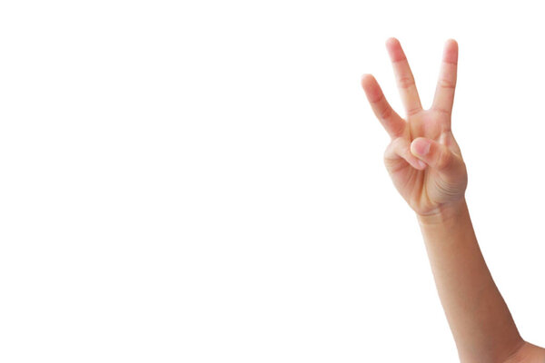 Asian boy's hands showing gestures on white background.