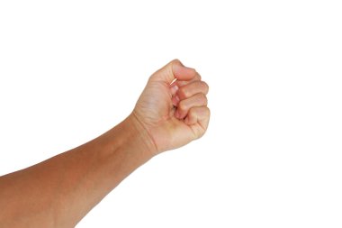 Beyaz arka planda uzanan yükseltilmiş bir el hareketi gösteren bir adam..