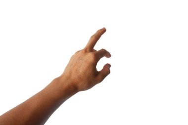 Sağlıklı, 40 yaşında Asyalı bir adamın sol eli, beyaz arka planda bir jest..