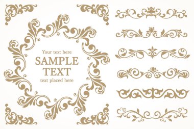 Bitki dekorasyon dairesi çerçeve seti, vektör illüstrasyonu. Dekoratif bitki motifi tasarımı Çerçeve