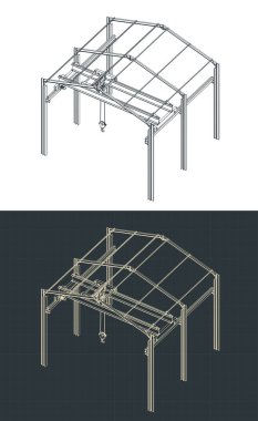 Yukarıdaki vinç ve depo yapısının izometrik planlarının stilize edilmiş vektör çizimi