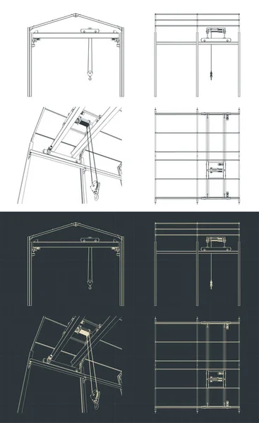 Stylized Vector Illustration Blueprints Overhead Crane Warehouse Structure — Stock Vector