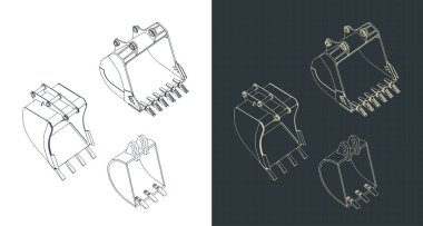 Kazı kovalarının izometrik planlarının biçimlendirilmiş vektör çizimi