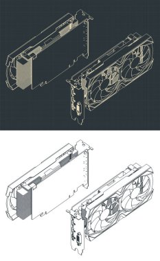 Grafik kartının izometrik planlarının biçimlendirilmiş vektör çizimi