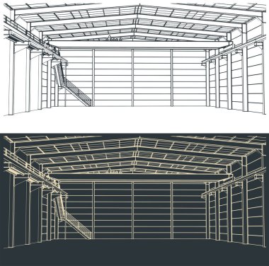 Endüstriyel salon binasının iç kısmının şekillendirilmiş vektör çizimi