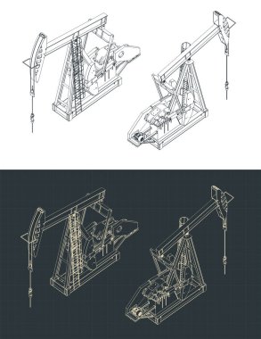 Yağ pompası krikosunun izometrik planlarının stilize edilmiş vektör çizimi