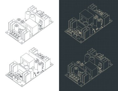 Güç kaynağı modülünün izometrik planlarının biçimlendirilmiş vektör çizimi