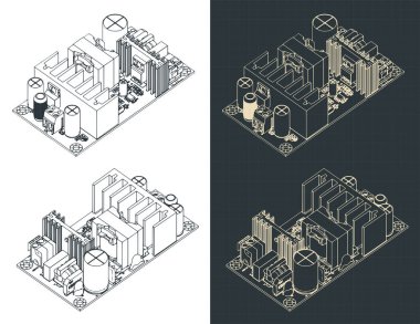 Güç kaynağı modülünün izometrik planlarının biçimlendirilmiş vektör çizimi