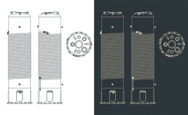 Kimyasal reaktörün planlarının biçimlendirilmiş vektör çizimleri