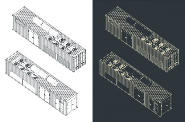 Illustrazione Vettoriale Stilizzata Delle Cianografie Isometriche Del Generatore Tipo Container — Vettoriale Stock