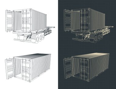 Konteynır römorku ve konteynır planlarının biçimlendirilmiş vektör çizimi