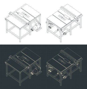 Tablo testeresinin izometrik planlarının biçimlendirilmiş vektör çizimi