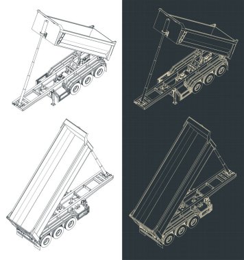 İpucu tırı römorkunun izometrik planlarının stilize vektör çizimi